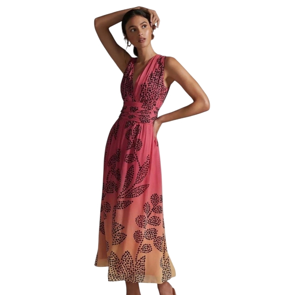 Anthropologie Verb Pallavi Singhee V Neck Ombre Maxi Dress Floral Rose